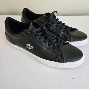 Lacoste Men's Lerond Leather Tennis Shoes, Size 9.5 Black Ortholite Preppy
